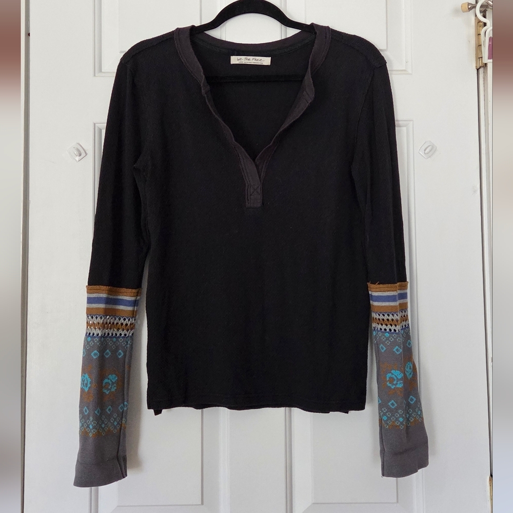 We The Free Navy/Black Long-Sleeve Henley with Knit Patterned Cuffs